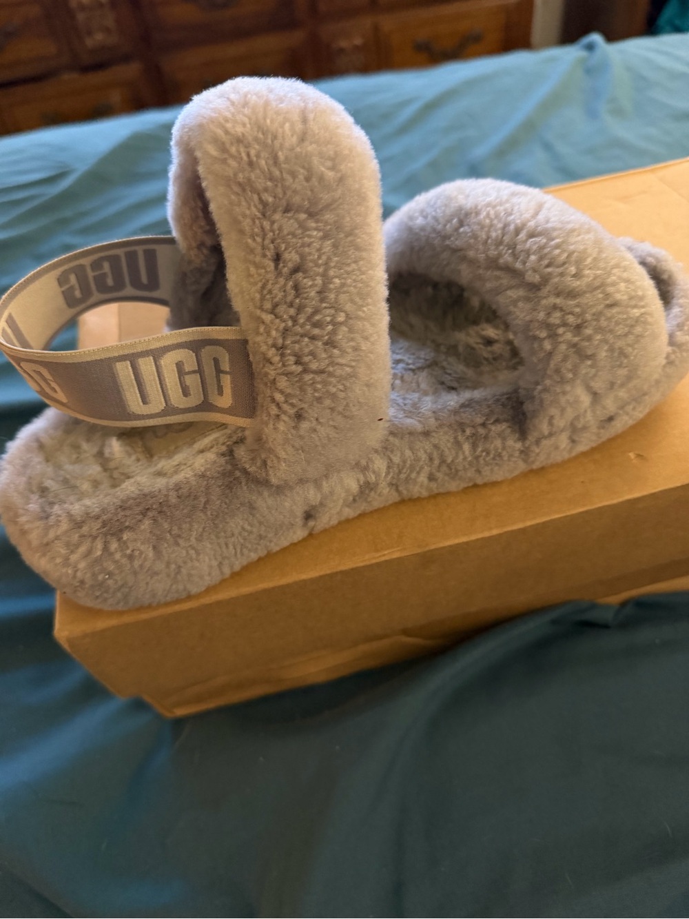 UGG Plush Faux-Shearling Slide Sandals in Light Gray